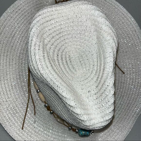 Women's White Western Festival Hat with Turquoise Leather Beaded Band - Picture 4 of 9